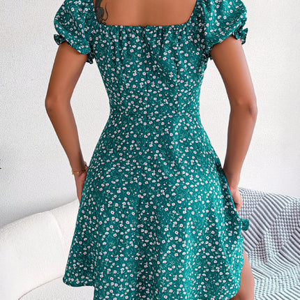 Casual Bell Sleeve Drawstring Tie Floral Swing Dress