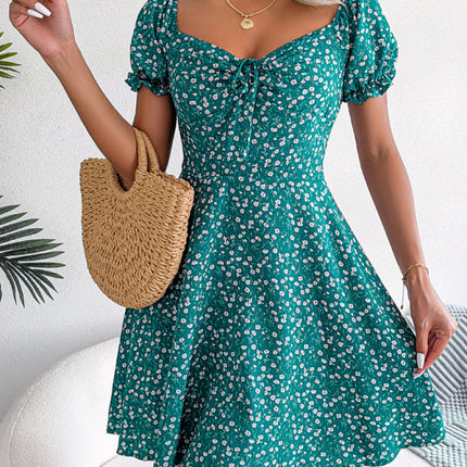 Casual Bell Sleeve Drawstring Tie Floral Swing Dress