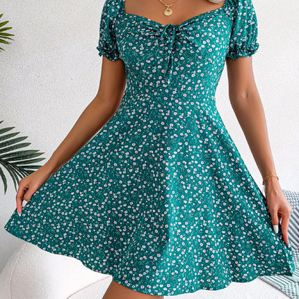 Casual Bell Sleeve Drawstring Tie Floral Swing Dress