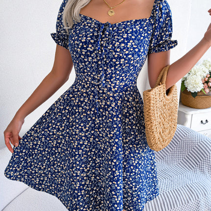 Casual Bell Sleeve Drawstring Tie Floral Swing Dress