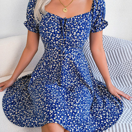Casual Bell Sleeve Drawstring Tie Floral Swing Dress