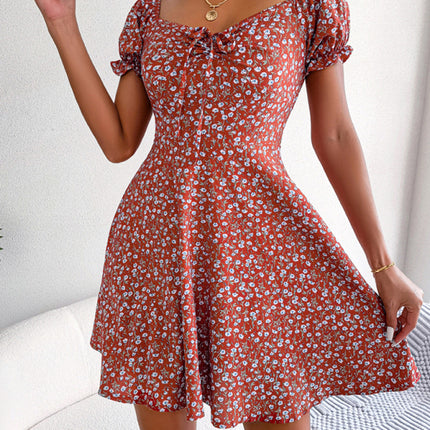 Casual Bell Sleeve Drawstring Tie Floral Swing Dress