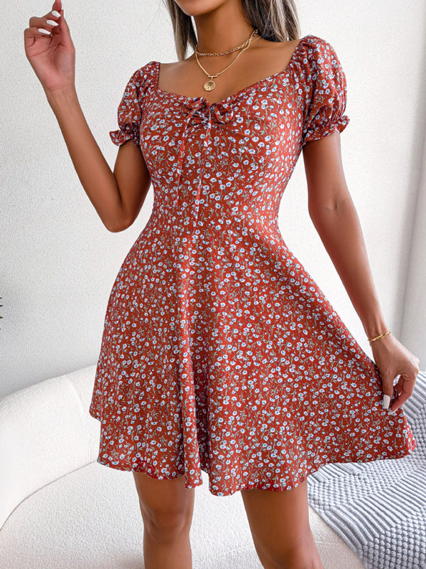 Casual Bell Sleeve Drawstring Tie Floral Swing Dress