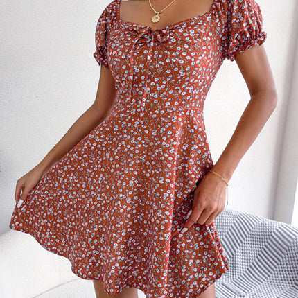 Casual Bell Sleeve Drawstring Tie Floral Swing Dress