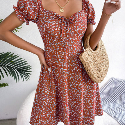Casual Bell Sleeve Drawstring Tie Floral Swing Dress