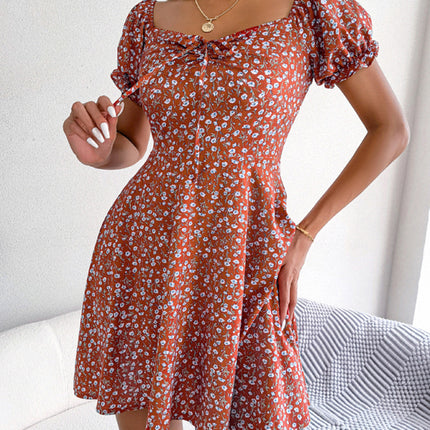Casual Bell Sleeve Drawstring Tie Floral Swing Dress
