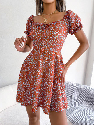 Casual Bell Sleeve Drawstring Tie Floral Swing Dress