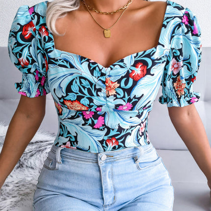 New Women's Sexy Square Neck Floral Chiffon Shirt Top