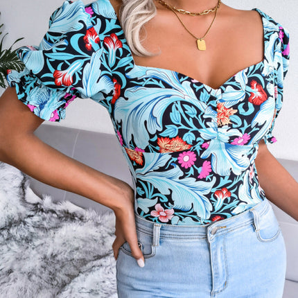New Women's Sexy Square Neck Floral Chiffon Shirt Top
