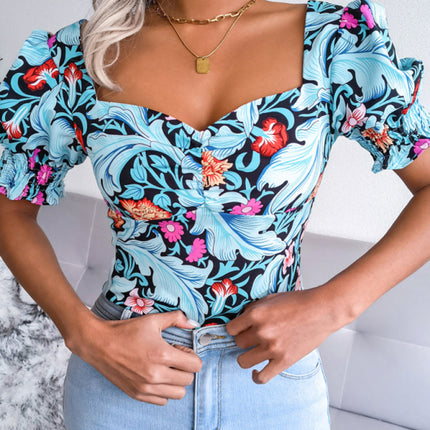 New Women's Sexy Square Neck Floral Chiffon Shirt Top