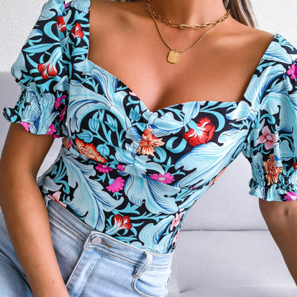 New Women's Sexy Square Neck Floral Chiffon Shirt Top