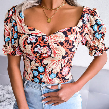 New Women's Sexy Square Neck Floral Chiffon Shirt Top