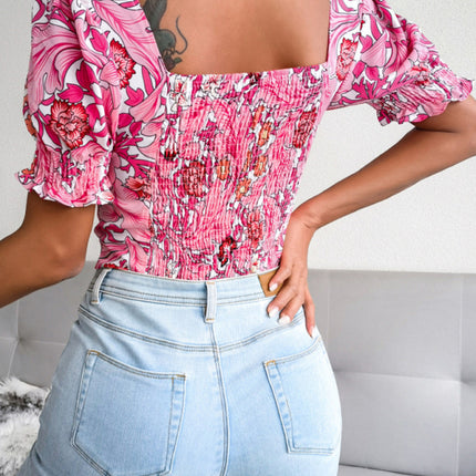 New Women's Sexy Square Neck Floral Chiffon Shirt Top