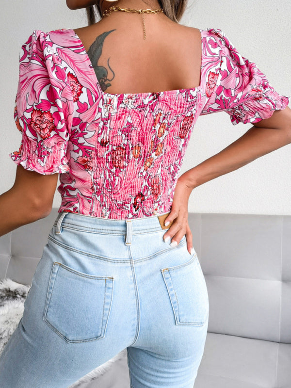 New Women's Sexy Square Neck Floral Chiffon Shirt Top