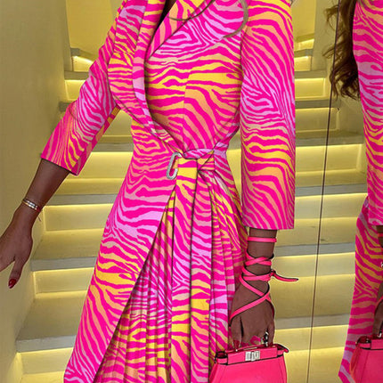 V-neck fashion tie waist mid-sleeve pleated suit dress