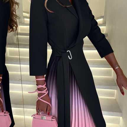 V-neck fashion tie waist mid-sleeve pleated suit dress