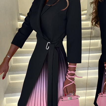 V-neck fashion tie waist mid-sleeve pleated suit dress