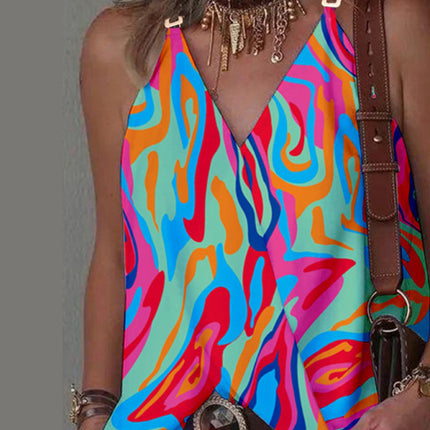 Simple V-neck Metal Buckle Printed Vest Top Women