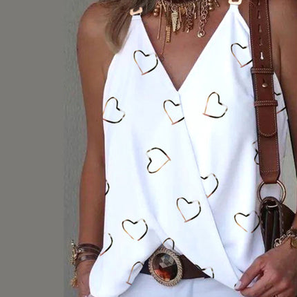 Simple V-neck Metal Buckle Printed Vest Top Women