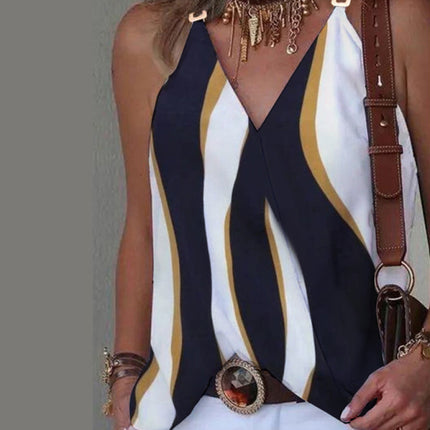 Simple V-neck Metal Buckle Printed Vest Top Women