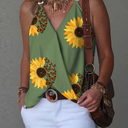 Simple V-neck Metal Buckle Printed Vest Top Women