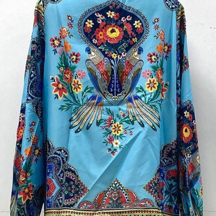 Digital Printing Round Neck Balloon Sleeve Shirt blouse