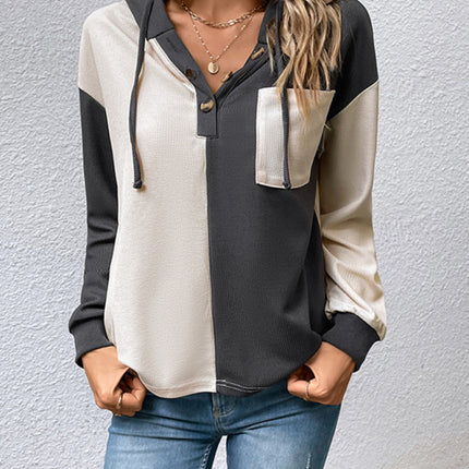 New women's long-sleeved contrast color hooded sweater