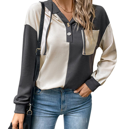 New women's long-sleeved contrast color hooded sweater