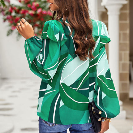 New temperament casual plant floral print long-sleeved shirt top