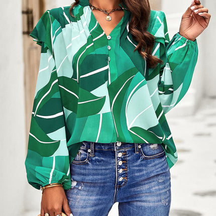 New temperament casual plant floral print long-sleeved shirt top