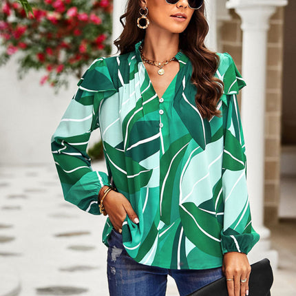 New temperament casual plant floral print long-sleeved shirt top