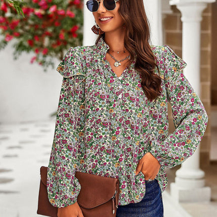 New temperament casual plant floral print long-sleeved shirt top