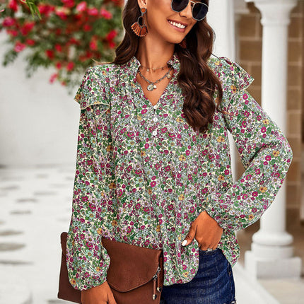 New temperament casual plant floral print long-sleeved shirt top