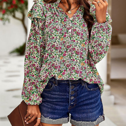 New temperament casual plant floral print long-sleeved shirt top