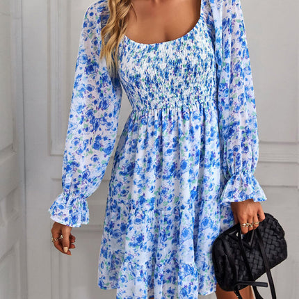 Bohemian print stretch elastic square neck long-sleeved dress