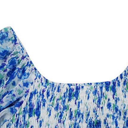 Bohemian print stretch elastic square neck long-sleeved dress