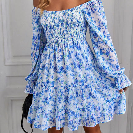 Bohemian print stretch elastic square neck long-sleeved dress