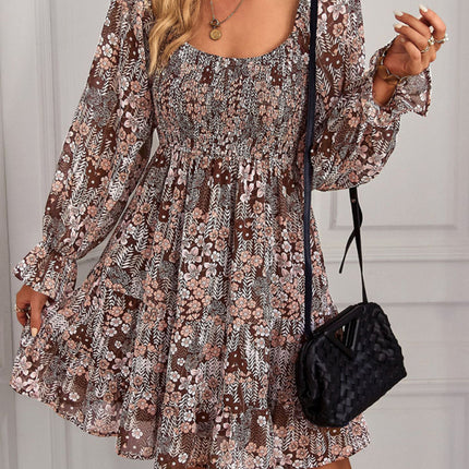 Bohemian print stretch elastic square neck long-sleeved dress