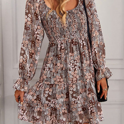 Bohemian print stretch elastic square neck long-sleeved dress