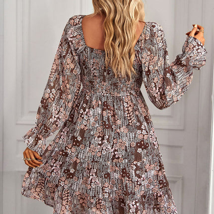 Bohemian print stretch elastic square neck long-sleeved dress