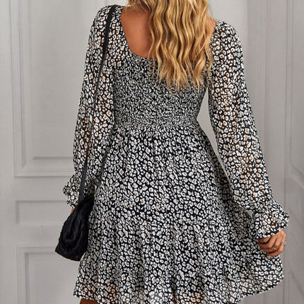 Bohemian print stretch elastic square neck long-sleeved dress