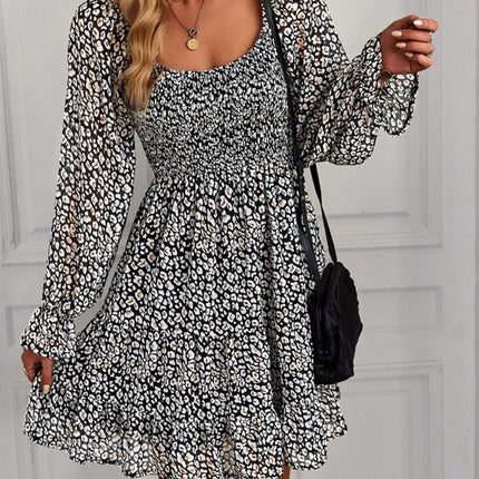 Bohemian print stretch elastic square neck long-sleeved dress