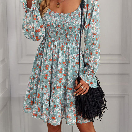 Bohemian print stretch elastic square neck long-sleeved dress