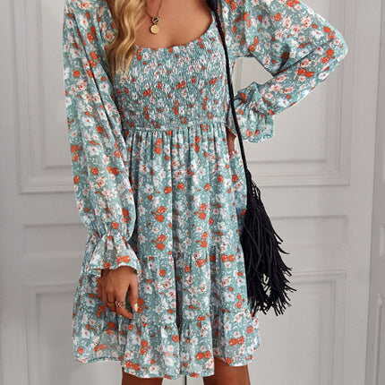 Bohemian print stretch elastic square neck long-sleeved dress