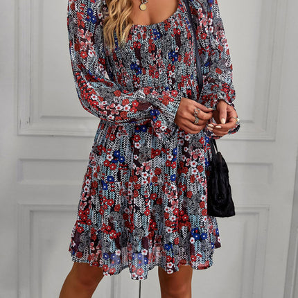 Bohemian print stretch elastic square neck long-sleeved dress