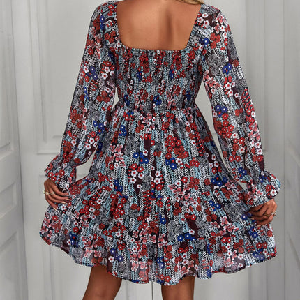Bohemian print stretch elastic square neck long-sleeved dress