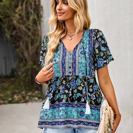 Bohemian Print Casual Resort Style Short Sleeve Ladies Top