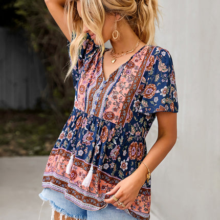Bohemian Print Casual Resort Style Short Sleeve Ladies Top