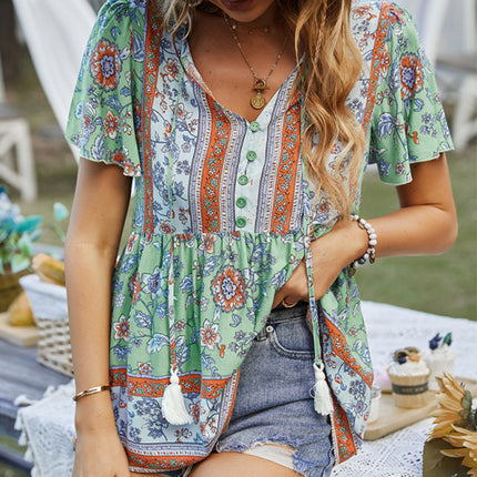 Bohemian Print Casual Resort Style Short Sleeve Ladies Top