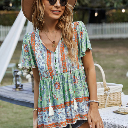 Bohemian Print Casual Resort Style Short Sleeve Ladies Top
